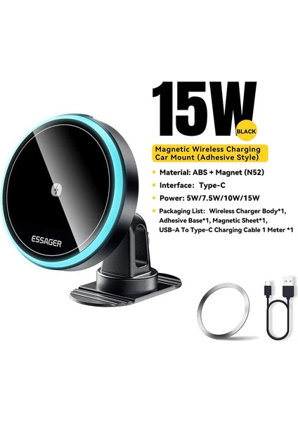 Essager Manyetik Araba Telefon Tutucu 15W Kablosuz Şarj Cihazı Iphone 15 14 13 Pro Max Araba Montaj Şarj Cihazı Magsafe LED Lıghcolor: Yapışkan Stil (Yurt Dışından)