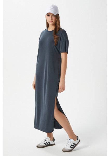 Kadın Modal Daily Comfort Antrasit Yırtmaçlı Elbise 16556