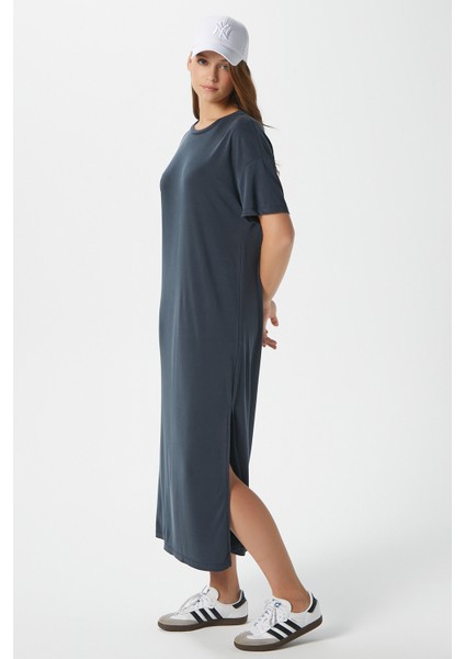 Kadın Modal Daily Comfort Antrasit Yırtmaçlı Elbise 16556