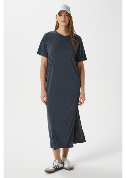 Kadın Modal Daily Comfort Antrasit Yırtmaçlı Elbise 16556