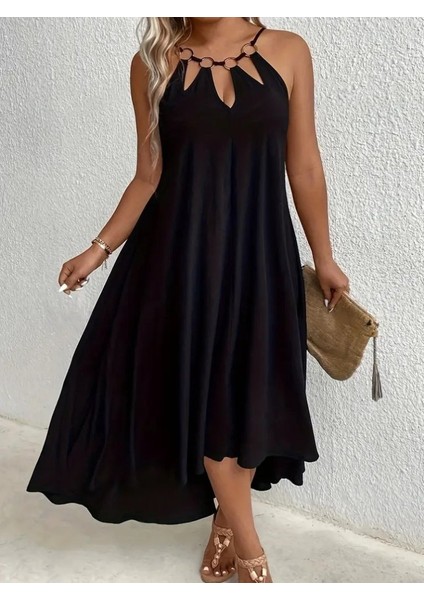 Kadın Boyundan Askılı Damla Detaylı Halkalı Asimetrik Kesim Viskon Elbise 2xl-3xl-Siyah