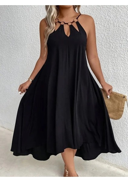 Kadın Boyundan Askılı Damla Detaylı Halkalı Asimetrik Kesim Viskon Elbise 2xl-3xl-Siyah fırsatları