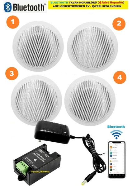 Bluetooth Özellikli Tavan Hoparlör Seti (4 Tavan Hoparlör) Anfi Kullanmadan Ev-Işyerini Seslendirin