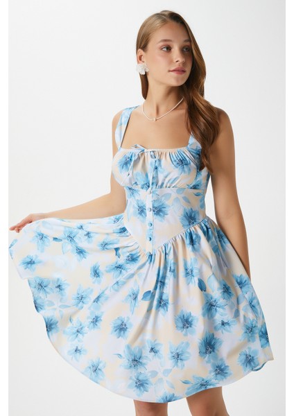 Kadın Karoline Sırt Lastikli Askılı Mavi Sarı Elbise 00019