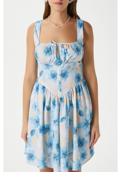 Kadın Karoline Sırt Lastikli Askılı Mavi Sarı Elbise 00019 modelleri