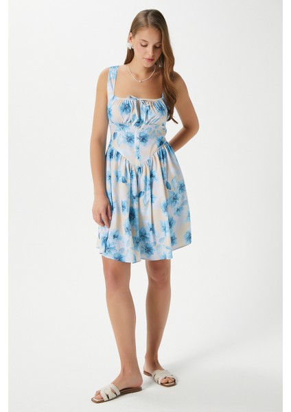 Kadın Karoline Sırt Lastikli Askılı Mavi Sarı Elbise 00019