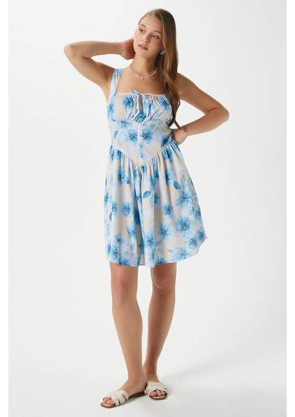 Kadın Karoline Sırt Lastikli Askılı Mavi Sarı Elbise 00019