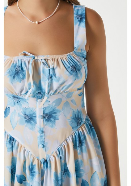 Kadın Karoline Sırt Lastikli Askılı Mavi Sarı Elbise 00019