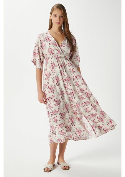 Kadın Katy Pembe Çiçekli Bel Lastikli Yırtmaçlı Viskon Yazlık Elbise