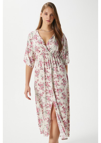 Kadın Katy Pembe Çiçekli Bel Lastikli Yırtmaçlı Viskon Yazlık Elbise fiyatları