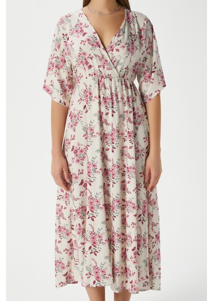 Kadın Katy Pembe Çiçekli Bel Lastikli Yırtmaçlı Viskon Yazlık Elbise modelleri