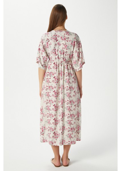 Kadın Katy Pembe Çiçekli Bel Lastikli Yırtmaçlı Viskon Yazlık Elbise fırsatları