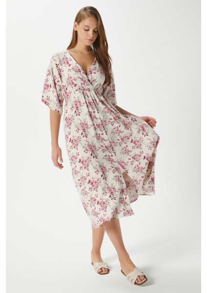 Kadın Katy Pembe Çiçekli Bel Lastikli Yırtmaçlı Viskon Yazlık Elbise