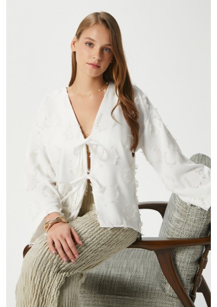 Kadın Harmony Bağcıklı Ekru Kimono Gömlek