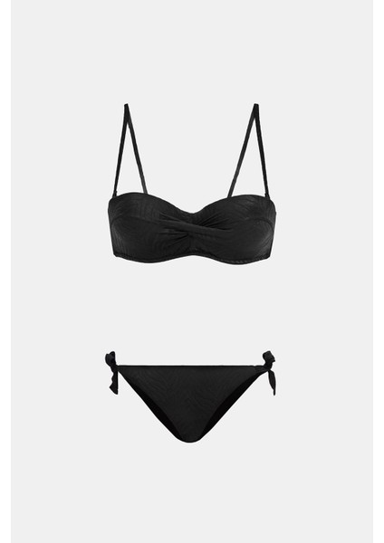 Bali Siyah Balenli Dolgulu Straplez Push-Up Yandan Bağlamalı Bikini Takım