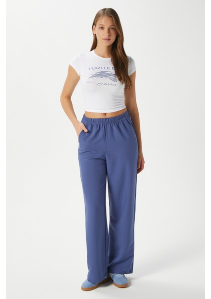 Kadın Sasha Serin Doku Bel Lastikli Indigo Palazzo Pantolon