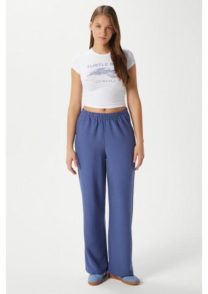 Kadın Sasha Serin Doku Bel Lastikli Indigo Palazzo Pantolon modelleri