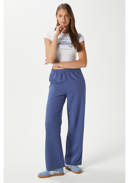Kadın Sasha Serin Doku Bel Lastikli Indigo Palazzo Pantolon fırsatları
