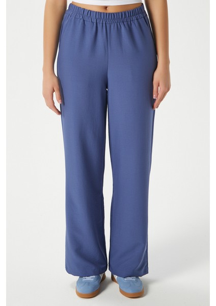 Kadın Sasha Serin Doku Bel Lastikli Indigo Palazzo Pantolon indirimleri