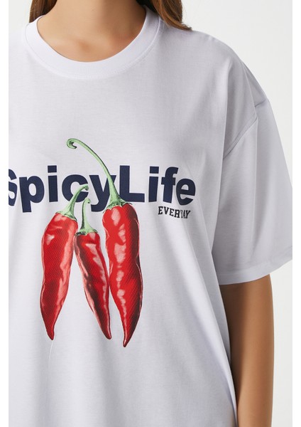 Kadın Spicy Biber Desenli Oversize T-Shirt