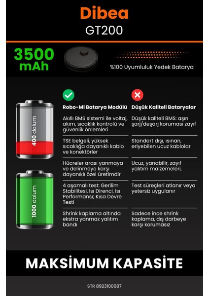 Robo- Mi Dibea GT200 3500MAH Robot Süpürge Bataryası - Yüksek Yoğunluklu Li- Ion Hücre