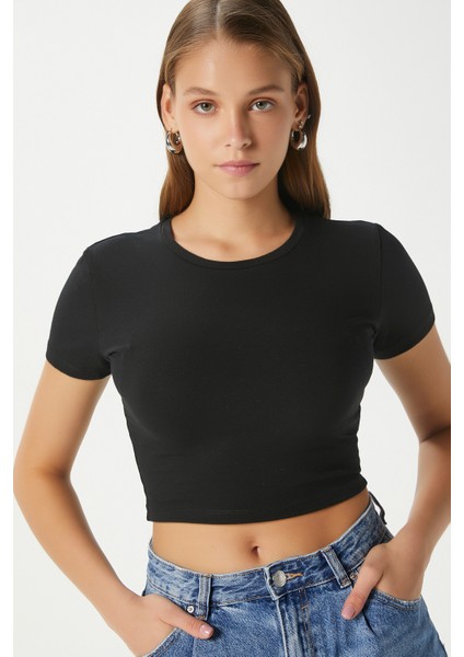 Kadın Serra %100 Pamuk Siyah Crop Top