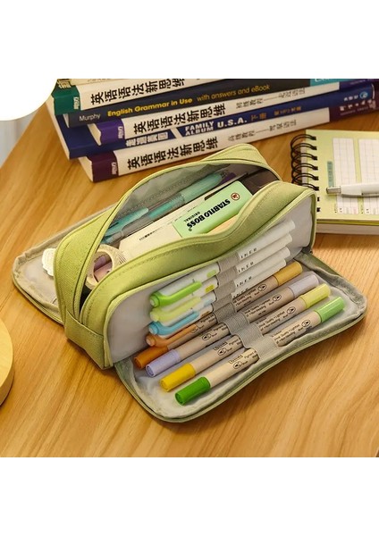 Angoo Sevimli Kalem Çanta Tuval Kızlar Için Tuval Macaron Kalem Kutusu Çok Katmanlı Okul Torbası Kawaii Pensil Kılıf Kalem Çantası Depolama Kırtasiye Renk: Yeşil (Yurt Dışından)