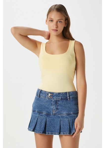 Kadın Glossy %100 Pamuk Tereyağ Sarısı Bluz