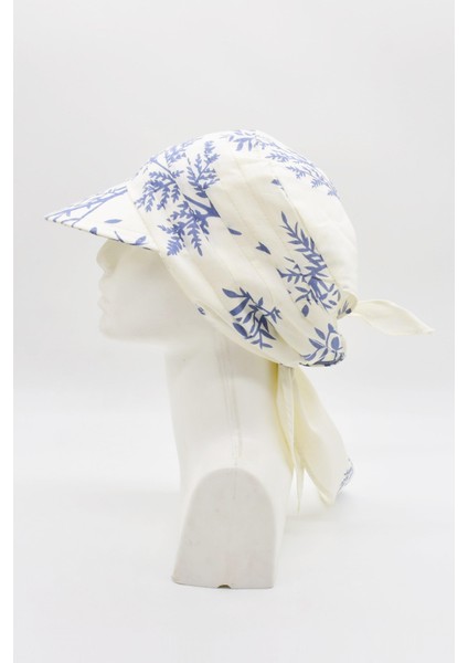 Kadın Mavi Çiçekli Bağlamalı Eşarp Siperli Bandana Plaj Şapkası