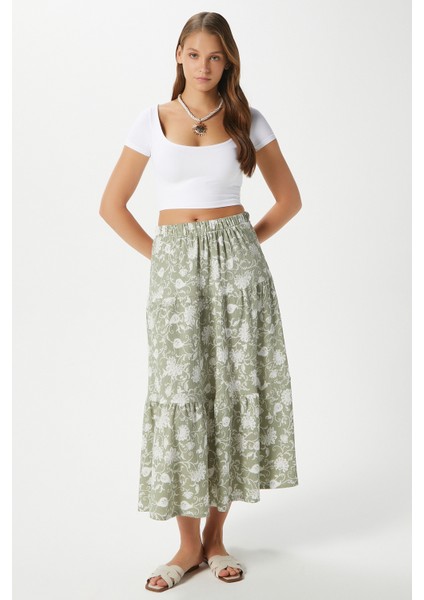 Kadın Caty Bel Lastikli Haki Krem Uzun Etek