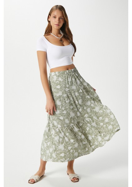 Kadın Caty Bel Lastikli Haki Krem Uzun Etek fiyatları