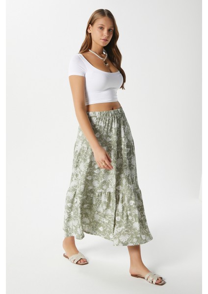 Kadın Caty Bel Lastikli Haki Krem Uzun Etek fırsatları