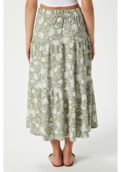 Kadın Caty Bel Lastikli Haki Krem Uzun Etek