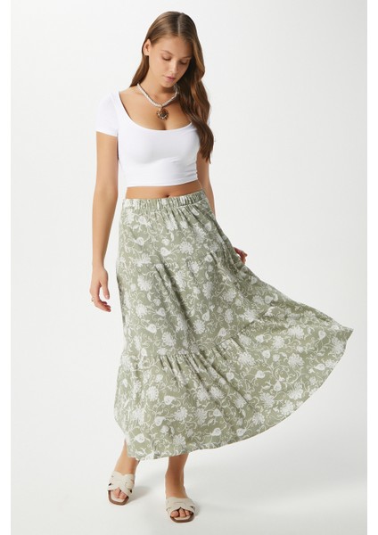 Kadın Caty Bel Lastikli Haki Krem Uzun Etek