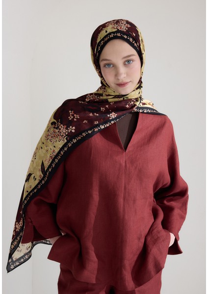 Tıny Plumerıa Floş Viskon Şal Bordo