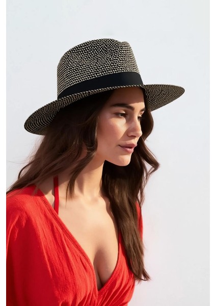 Kadın Simli Premium Hasır Fedora Şapka - Siyah