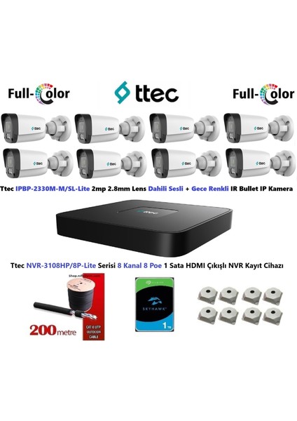 Nif Bilişim 2mp Dahili Sesli ve Gece Renkli 8 Kameralı 1tb Disk Tak Çalıştır Hazır Ip Kamera Seti
