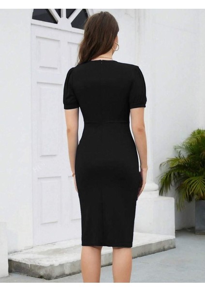 Kadın Kısa Kollu V Yakalı Önden Fırfırlı Ithal Krep Elbise SIYAH-2XL3XL fırsatları