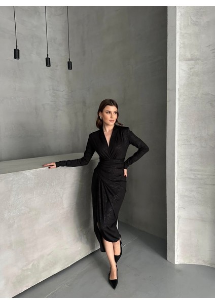 Drape Detaylı Midi Elbise S-