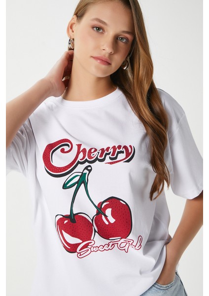 Kadın Redcherry Taşlı Kiraz Desen T-Shirt