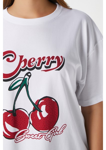 Kadın Redcherry Taşlı Kiraz Desen T-Shirt fırsatları