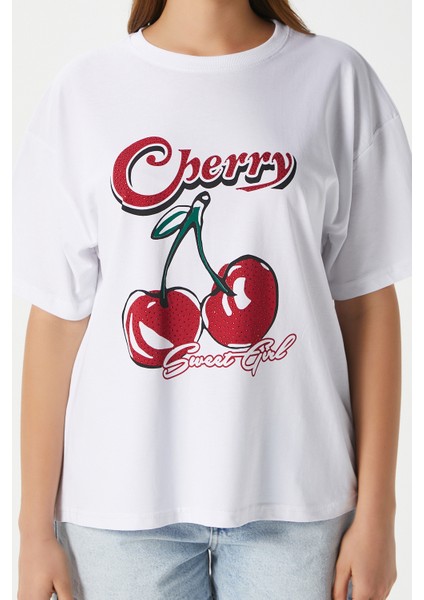 Kadın Redcherry Taşlı Kiraz Desen T-Shirt
