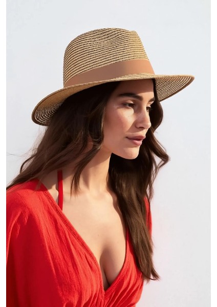 Kadın Simli Premium Hasır Fedora Şapka - Camel