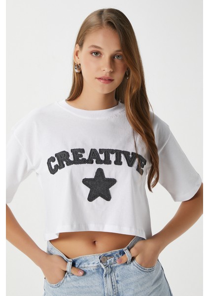 Kadın Creative Antrasit Nakışlı Crop T-Shirt
