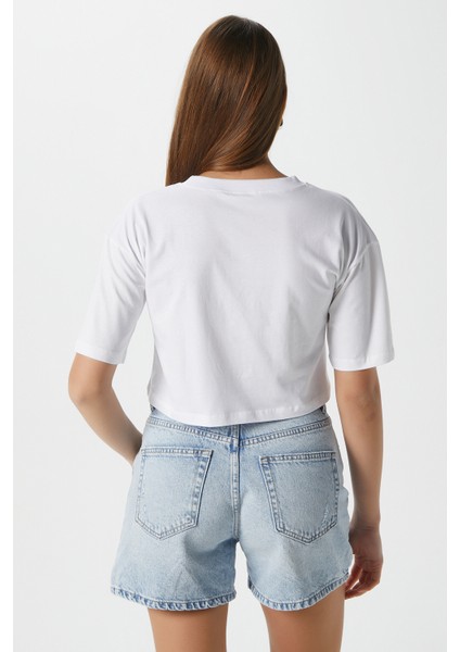 Kadın Creative Antrasit Nakışlı Crop T-Shirt