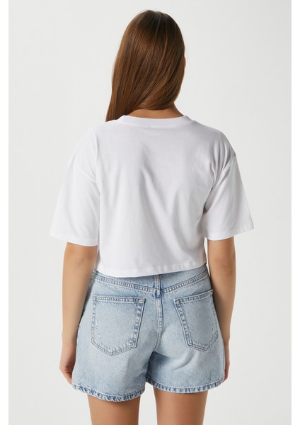 Kadın Creative Mavi Beyaz Nakışlı Crop T-Shirt