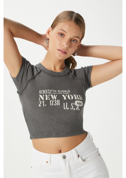 Kadın Fifth Yıkamalı Antrasit Crop Top