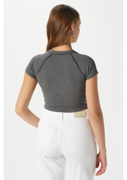 Kadın Fifth Yıkamalı Antrasit Crop Top