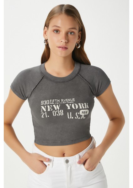 Kadın Fifth Yıkamalı Antrasit Crop Top
