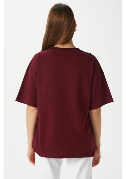 Kadın Something Kiraz Baskılı Bordo Oversize T-Shirt